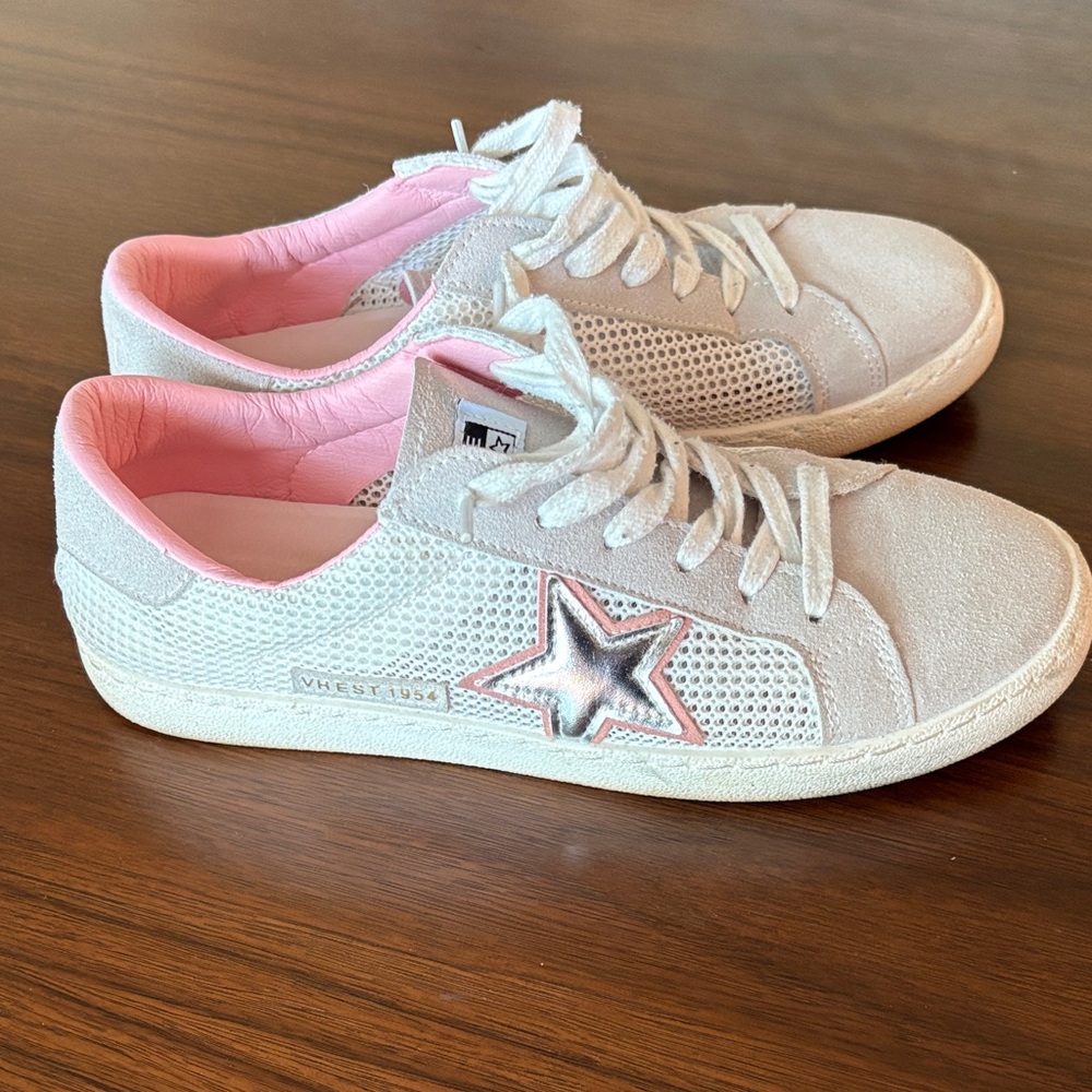 Vintage Havana Pink Lined White Suede and Mesh Carla Sneaker size 8